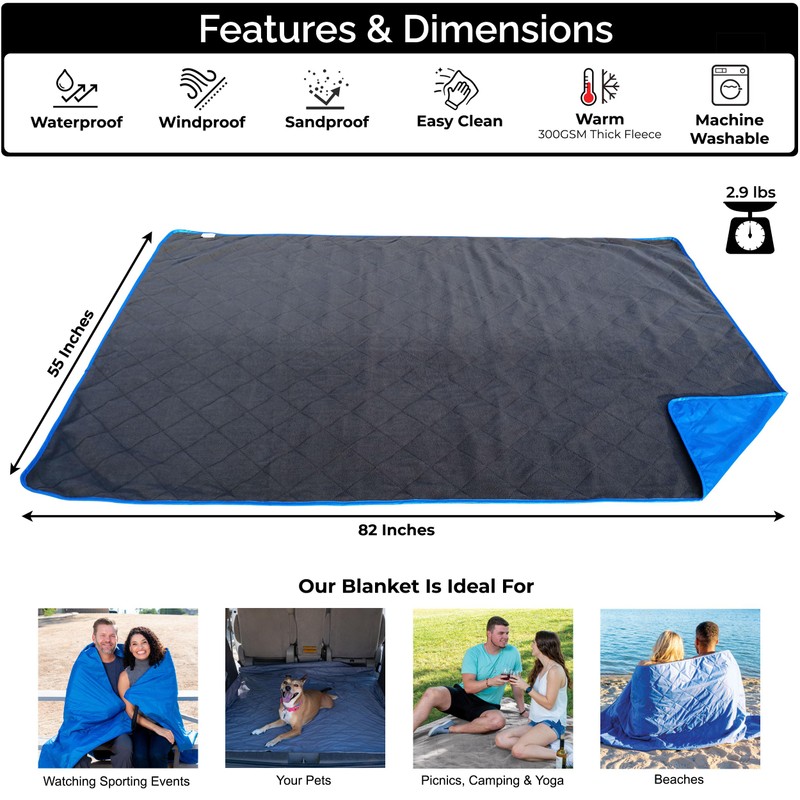 BRAWNTIDE Large Outdoor Waterproof Blanket - Quilted, Extra Thick Fleece,