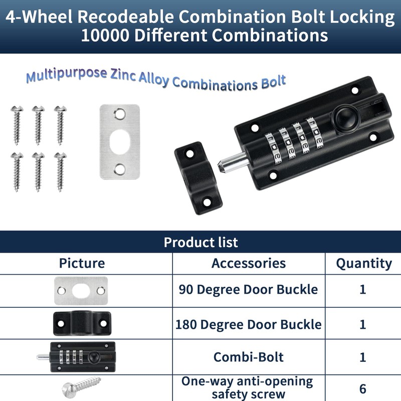 Combination Locking Bolt,Thickened Solid Zinc Alloy Combination Barrel Bolt,Safety Slide