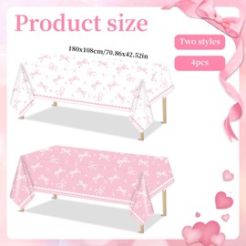 Tinoaly 4pcs Pink Bow Table Cloth, Waterproof Rectangle Plastic Table Covers Tablecloth Coquette Birthday Party Decorations for Bridal Baby Shower Bachelorette Party Favor