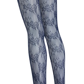 TBFT Blue lace tights fishnet stockings for women funky patterned pantyhose leggings Easter Christmas rose pattern (Navy Blue)