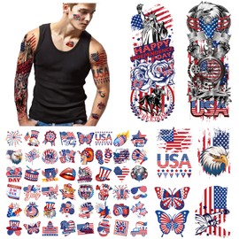 Konsait 4th of July Tattoos Sleeve Tattoos Patriotic Tattoos Independence Day Temporary Tattoos for Kids and Adult, USA Tattoos Large Temporary Tattoo Parades 4th of July Accessories Eagle Tattoo