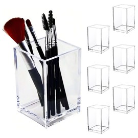 ELLECILA 6 Pcs Acrylic Pen Holders – Square Clear Makeup Brush & Pencil Storage Organiser for Desk, Office, School (6.5 x 6.5 x 10cm) | Transparent Stationery & Cosmetic Organiser