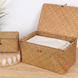 Moosky Wicker Shelf Baskets with Lid,Natural Seagrass Storage Basket Boxes Handwoven Rectangular Baskets Bins Multipurpose Home Organizer Decor (Large)