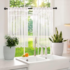 Heveer Net Curtain, Semi-Transparent Curtains, White, Half Bistro Curtain, Window Curtain Decoration for Living Room, Kitchen, Country House, Set of 2, 65 x 90 cm