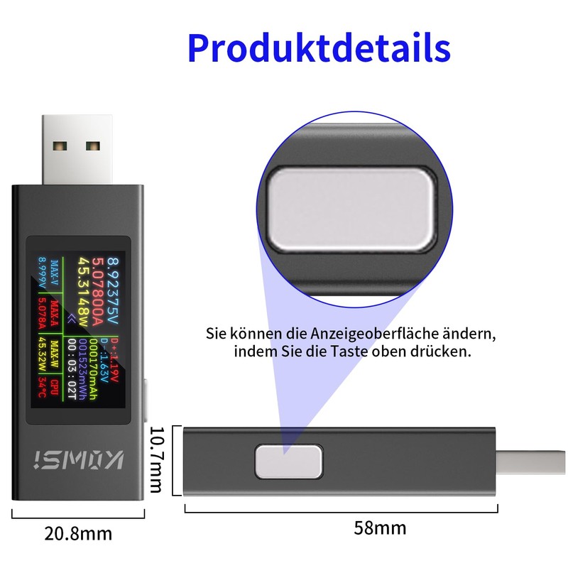 YEREADW USB Tester Meter Multimeter Digital, 4-30V 0-12A PD QC