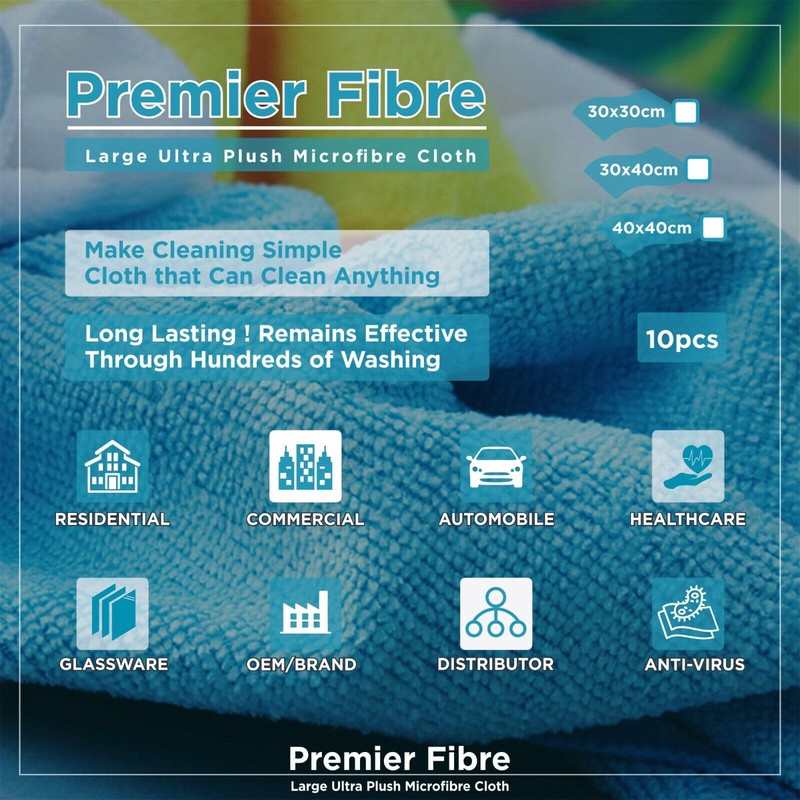 Premier Bond Distribution Microfibre Cleaning Cloths, 30 x 40cm, Pack