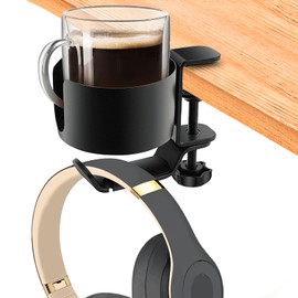 OOKUU 2 in 1 Desk Cup Holder with Headphone Hanger, Anti-Spill Cup Holder for Desk or Table, Easy to Install, Sturdy and Durable, Enough to Hold Coffee Mups, Water Bottles, Headphones