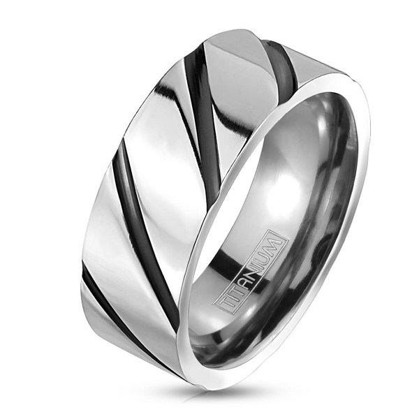 Bungsa Titanium Ring Silver with Black Stripes 8mm Unisex, Titanium,