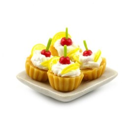 MyTinyWorld 4 Dolls House Lemon and Cherry Tarts on a 19mm Square Plate