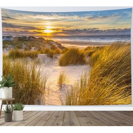 HVEST Ocean Beach Tapestry Wall Hanging, Seaside Grass and Sky Sunrise Sunset Tapestry, Nature Landscape Tapestry for Living Room Bedroom Aesthetic Decor, 40L x 60W Inches