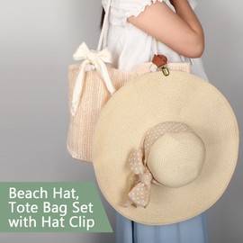 Casuallined 5 Pcs Women Straw Beach Hat Set with Straw Beach Tote Bag Summer Sunglasses Women Head Scarf Hat Clip for Travel Beige