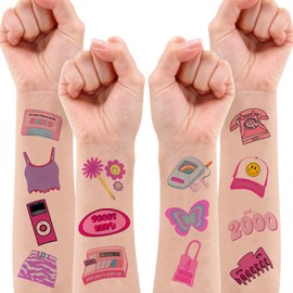8 Sheets (96PCS) Y2K 2000 Temporary Tattoos for Teen Girls, Birthday Party Decorations Supplies Party Favors 00s Pink Cute Gifts Classroom School Prizes Themed Christmas