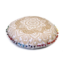 Round Mandala Floor Pillow Cover Seating Cushion Throw Cover Hippie Decorative Bohemian Ottoman Pouf Cover, Pom Pom Pillow Cases,Boho Indian 22 Inches (Gold)