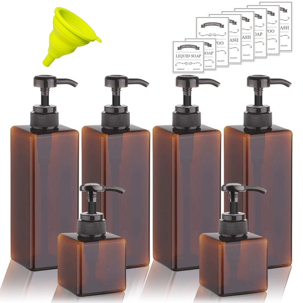 6 Pack Shampoo and Conditioner Dispenser Bottles - 4 Pack 22 Ounce and 2 Pack 8 Ounce Refillable Square Plastic Pump Bottles Shower Soap Dispenser for Shampoo, Conditioner, and Body Wash (Amber)