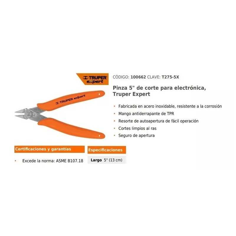 Truper Pinza 5' De Corte Para Electrónica, Truper Expert