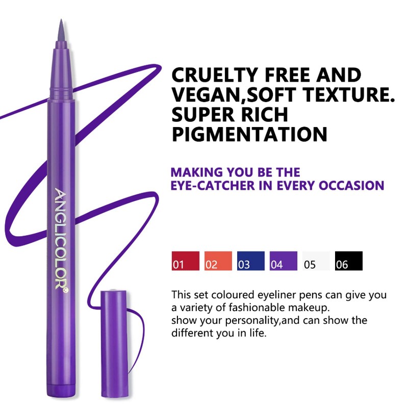 Anglicolor 6 Colours Coloured Eyeliner, Diamond Glitter Liquid Eyeshadow Durable