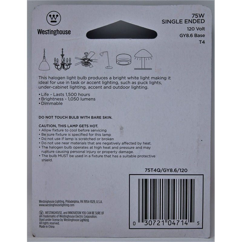 Westinghouse 0471400, 75W T4, GY8.6 Base Clear 1500 Hr 1050Lm