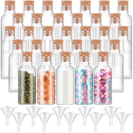 Sabary 50 Pack 3 oz Plastic Sand Art Bottles with Cork Stoppers Mini Potion Bottles Small Perfume Vial Sand Bottles for Sand Art with 10 Mini Funnels for DIY Craft, Essential Oil, Message, Party Favor