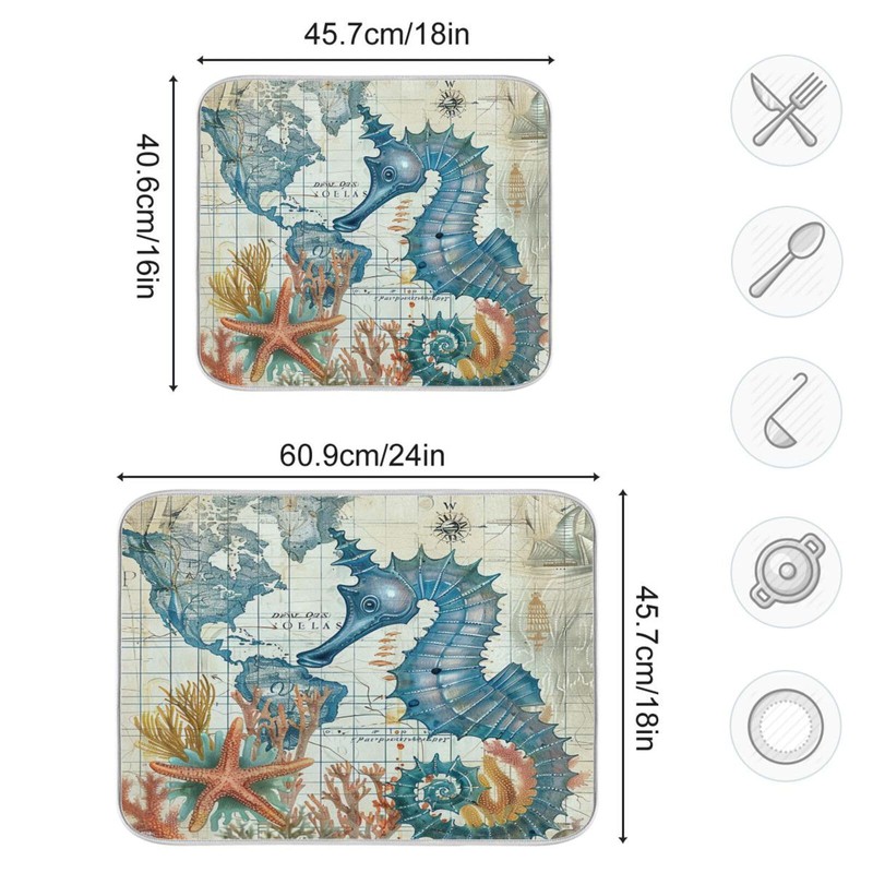 Nautical Ocean Seahorse Dish Drying Mat for Kitchen Counter 16x18