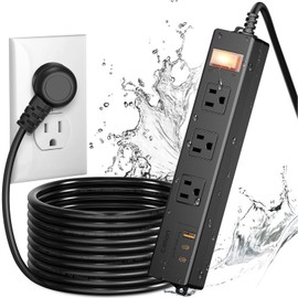 IPX6 Outdoor Power Strip Weatherproof, Waterproof Surge Protector with 3 Wide Outlet with 1A2C USB Ports, 15FT Long Extension Cord, Wall Mountable for Outside Decorations and More UL Listed(Black)