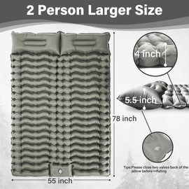 Double Sleeping Pad for Camping, Backpacking Air Inflatable 2 Person Sleeping Pad with Pillow Lightweight Self Inflating Camping Pad Built-in Foot Pump for Outdoor Tent 4 inch Thick, 78 x 55 inch