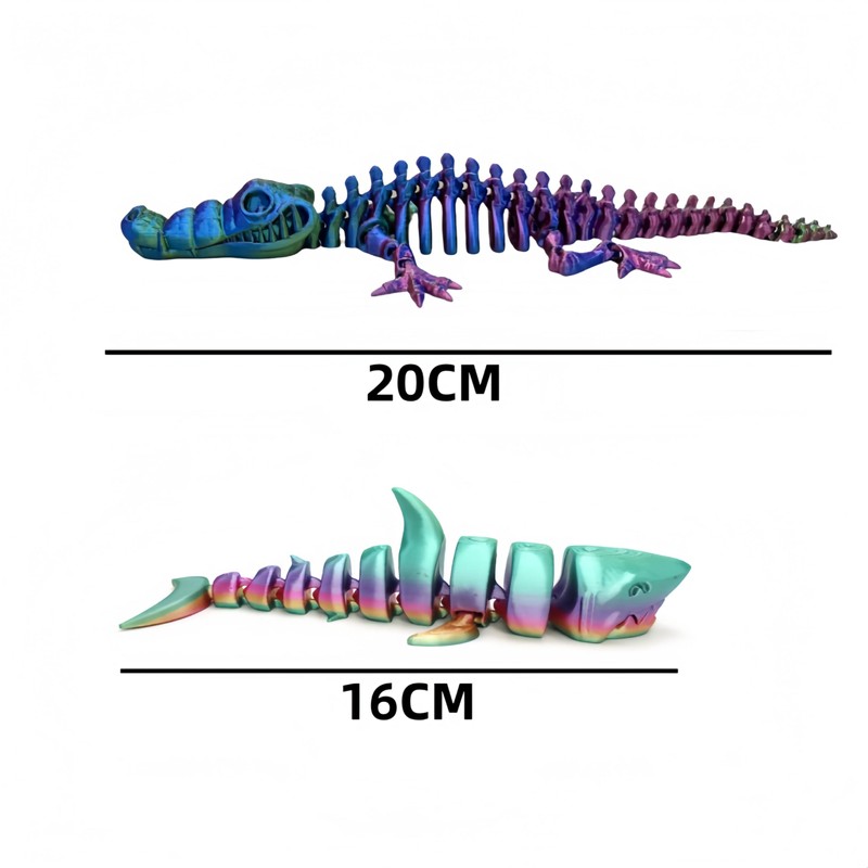 2Pcs 3D Printed Crocodile & Shark Toy - Articulated Skeleton