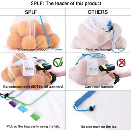 SPLF 18 Pcs Heavy Duty Reusable Mesh Produce Bags, Barcode Scanable See Through Food Safe Mesh Bags with Drawstring for Fruits, Vegetable, Food, Toys, Grocery Storage