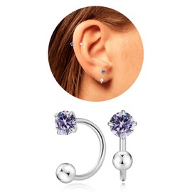 VDKIDKT Tiny 3mm Natural Birthstone Earrings for Women Teen Girls Small Huggie Half Hoop Earrings Tiny Cartilage Hypoallergenic Stud Screw Earrings (Silver, 6.June-Alexandrite)