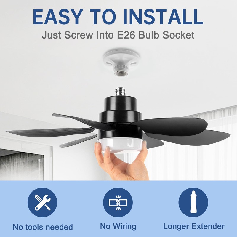 We Charger Light Socket Fan, E26 Light Bulb Fan with