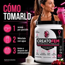 CreatoFEM | Creatina para Mujeres | Creatina Monohidratada + Inositol, Ácido Fólico, Arándano, Vit B9 y Miel Orgánica | Pre entreno y Post Entrenamiento | 60 servicios, Sabor Ponche de Frutas Natural
