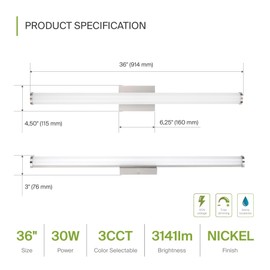 ASD LED 36" Vanity Wall Mount Light Fixture, Linear Bathroom Lighting Bar | 3CCT, Dimmable, Energy Star, ETL Listed | 30W 2100LM 3000-5000K 120V | Long Tube Bath Sconce Over Mirror | Nickel