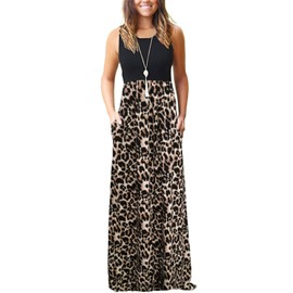 WNEEDU Womens Maxi Dress 2025 Summer Sleeveless Dress Casual Long Swing Dresses with Pockets Spotted Pattern Leopard XL