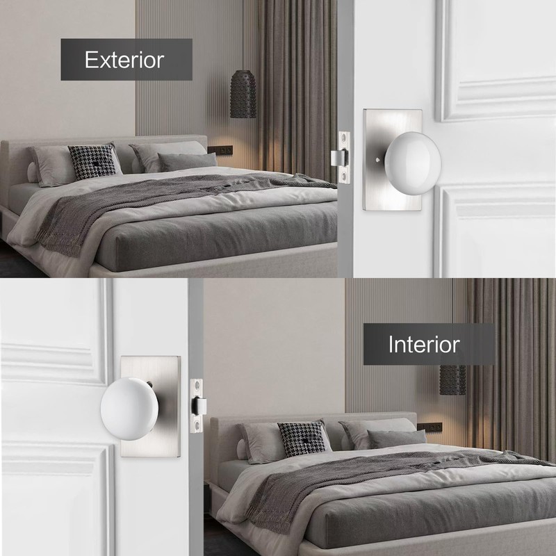 NCL White Door Knob, Satin Nickel Porcelain Door Knobs Interior,