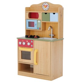 Teamson Kids Little Chef Florence Classic Interactive Wooden Play Kitchen with Accessories and Storage Space for Easy Clean Up, Wood Grain with Red and Yellow Accents