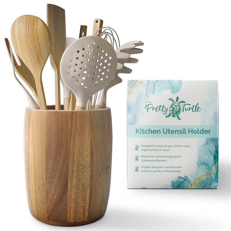 The Pretty Turtle Bamboo Kitchen Counter Utensil Crock Holder Caddy