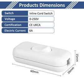 Pack of 2 White Inline Switch Intermediate Switch, 6 A 250 V, Torpedo Switch, Rocker Switch, Cable Switch, 2-Core and 3-Core Supply Lines, for All Types of Electric Lamps, Table Lamps