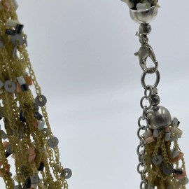 Esmor Tan Confetti Beads Scarf Necklace Coral Gray White Accents Knitted Strands 18"