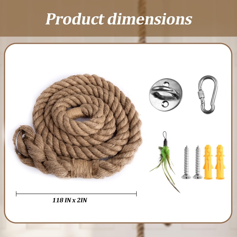 2" x 9.84Ft Cat Climbing Rope with Hook for Ceiling