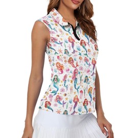 Spowatriy Mermaid Fish Scales Women's Sleeveless Golf Shirts Zip Up V Neck Golf Tank Tops Racerback with Collar XS-2XL