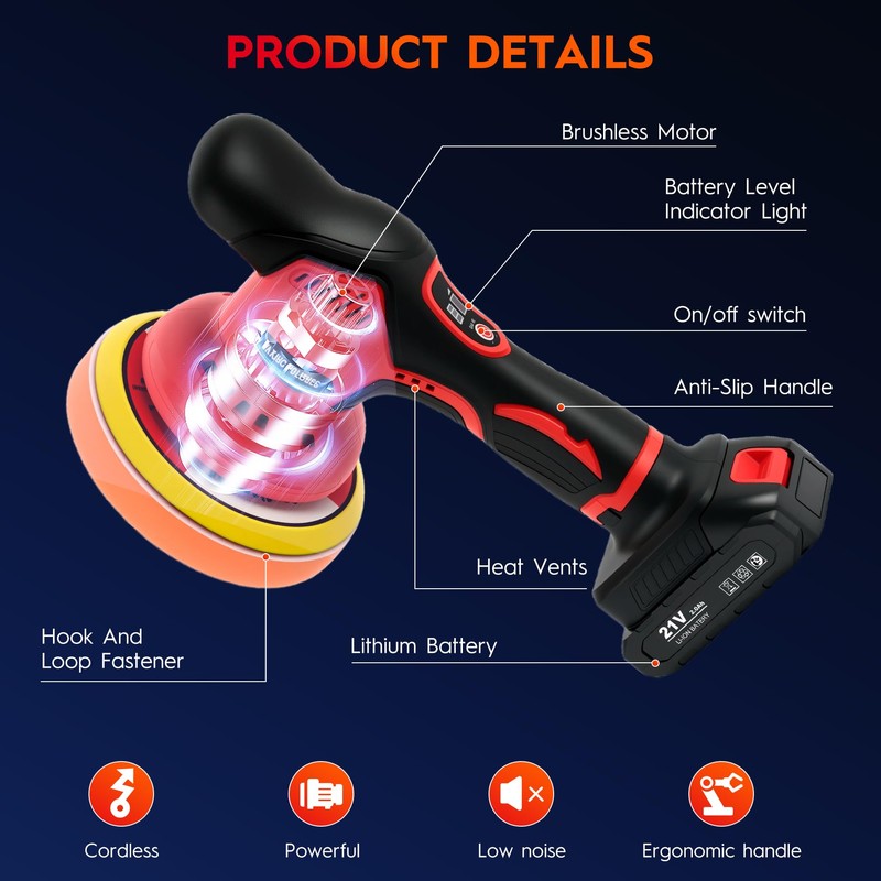 Cordless Car Buffer Polisher Kit with 2x21V Batteries, 6 Inch