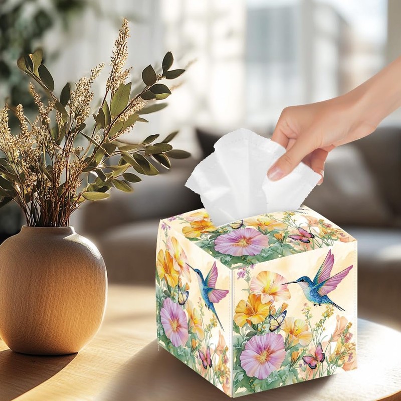 DELORIGIN Flowers Tissue Box Holder, Hummingbird Square Tissue Box Cover