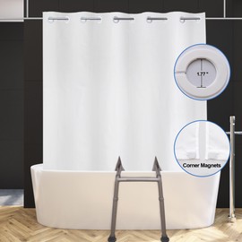 YISURE Split Shower Curtain for Bath Sliding Transfer Bench, White Polyester 80x74 Bath Curtain with Two 13.4x11.8-Separated-Away Slits at Bottom, No Hooks Needed & 2 Vertical Slits Designed