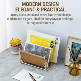 MyGift 2 Slot Modern Mail Holder, Deluxe Brass Tone Metal and Toffee Brown Leatherette Sling Entryway or Desktop Tabletop Letter Sorter