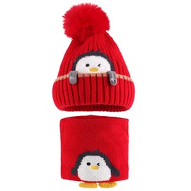 MASOCIO Winter Hat Baby Boy Girl Hat Scarf Set with Bobble Warm Knitted Hat Beanie Hat 1-3 Years, Red (hat + scarf)