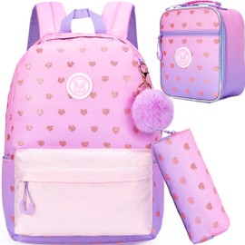 Backpacks for Girls Teenagers School Backpack for Kids Travel Backpack Pink School Bags for Girls Backpacks Ages 8-10 Laptop Bookbag with Lunch Box Pencil Case Sets for Elementary High School Girls