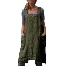 Stomeshle Japanese Aprons Plus Size Smock for Women with Pockets Cross Back Pinafore Dress Apron Baking Cooking Kitchen Gardening