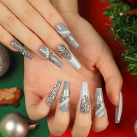 Christmas Press on Nails Coffin Long Length, 24Pcs Glitter Silver Artificial Fake Nails with Snowflake Decor Designs, Glossy Full Cover Acrylic Winter False Nails Glue Stick on Fingernails for Women