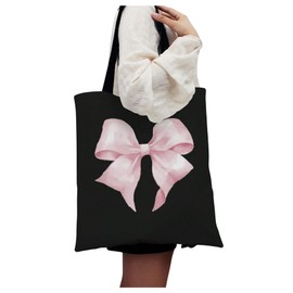 SHENHE Women's Cute Bow Print Shoulder Bag Canvas Tote Bag Casual Y2k Shopper Handbags Black and Pink One-Size