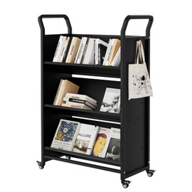 GarveeHome Book Cart, V-Shaped Metal Rolling Cart with 4 Lockable Wheels & Side Hooks, 3-Tier Storage Bookshelf for Home Library School Office Study(32''x14''x49''), Black