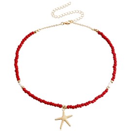 Azusa Sun Boho Beaded Choker Necklace Starfish Cute Summer Pendant Necklace Colorful Beaded Beach Necklace Fashion Jewelry Gift For Women Girls （Red）,(DDF016)